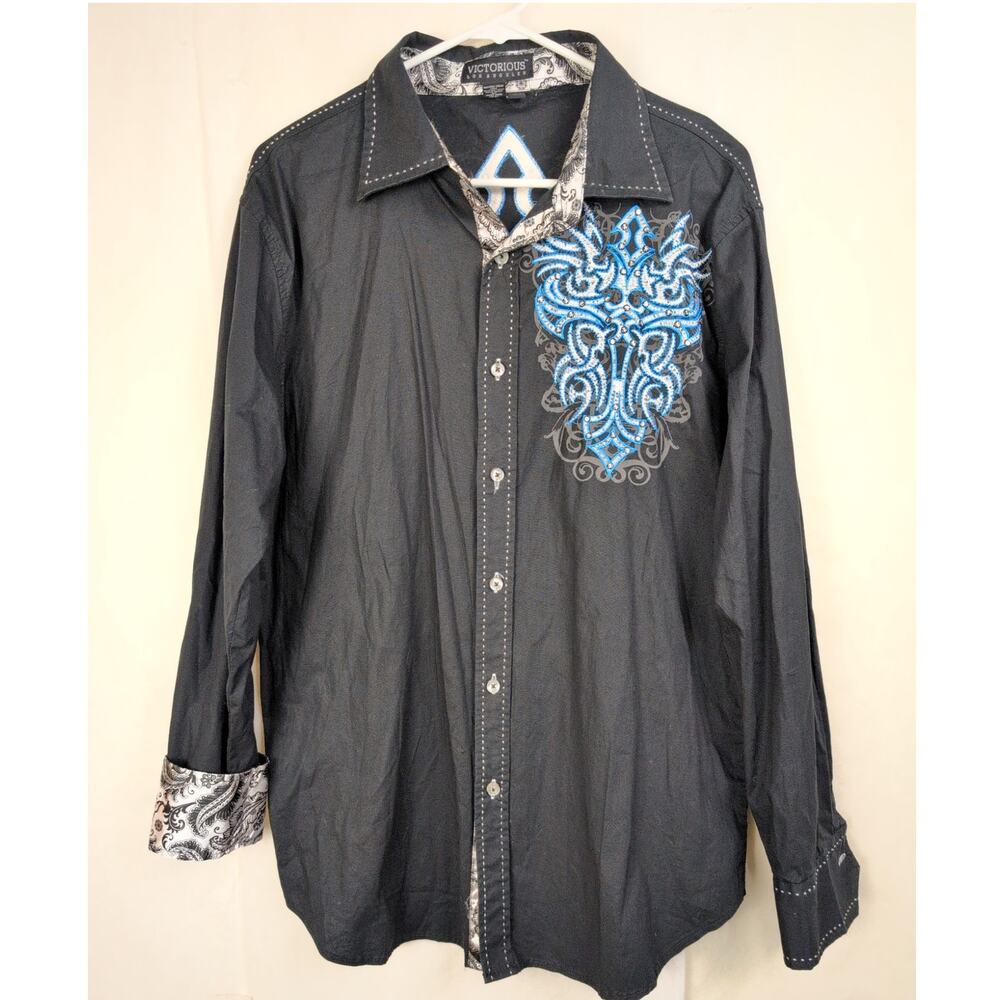 Victorious black embroidered studded cross button up shirt Size L Rockabilly Y2K